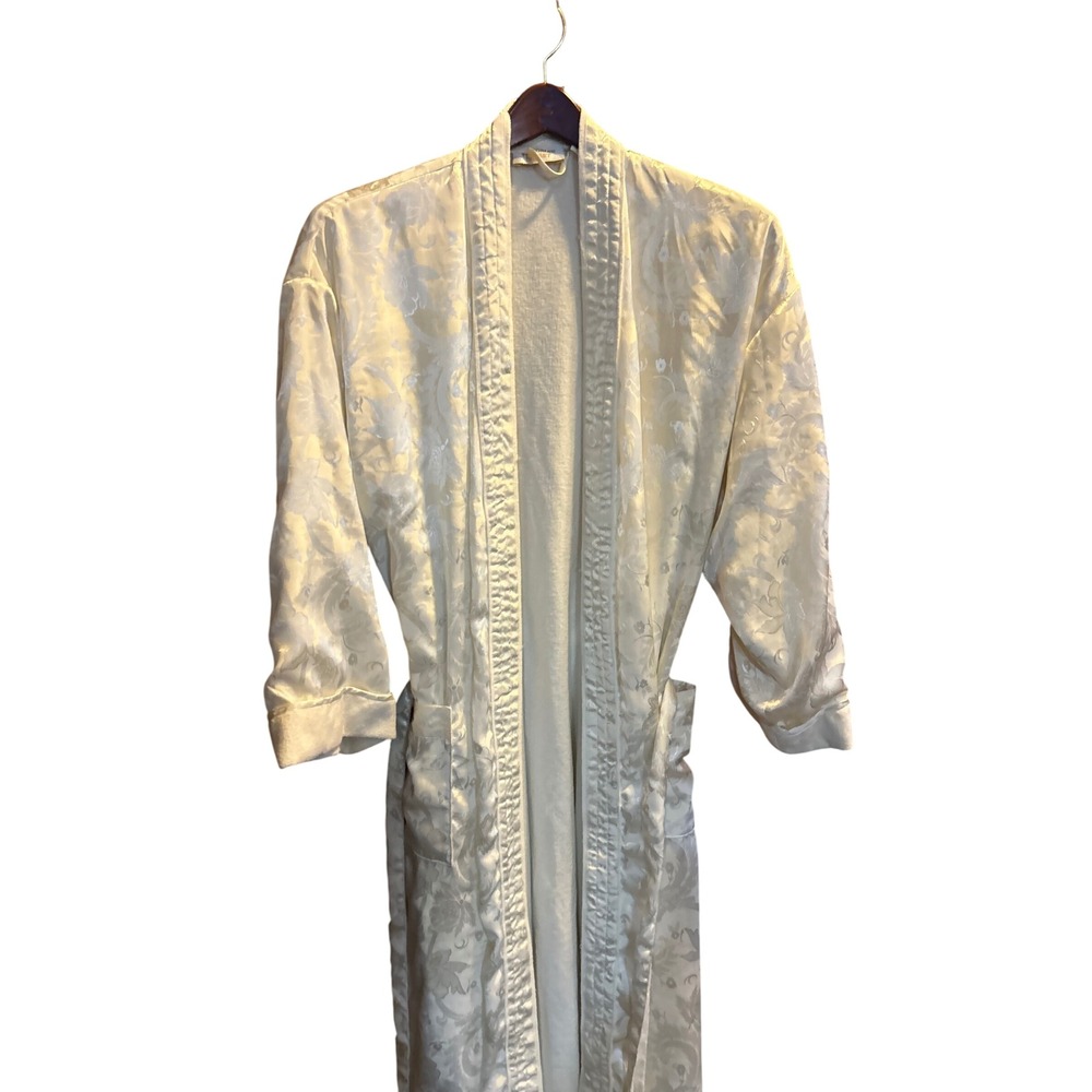 Victorias Secret Satin Jacquard Floral Robe Kimono Belted Pockets Cream M L